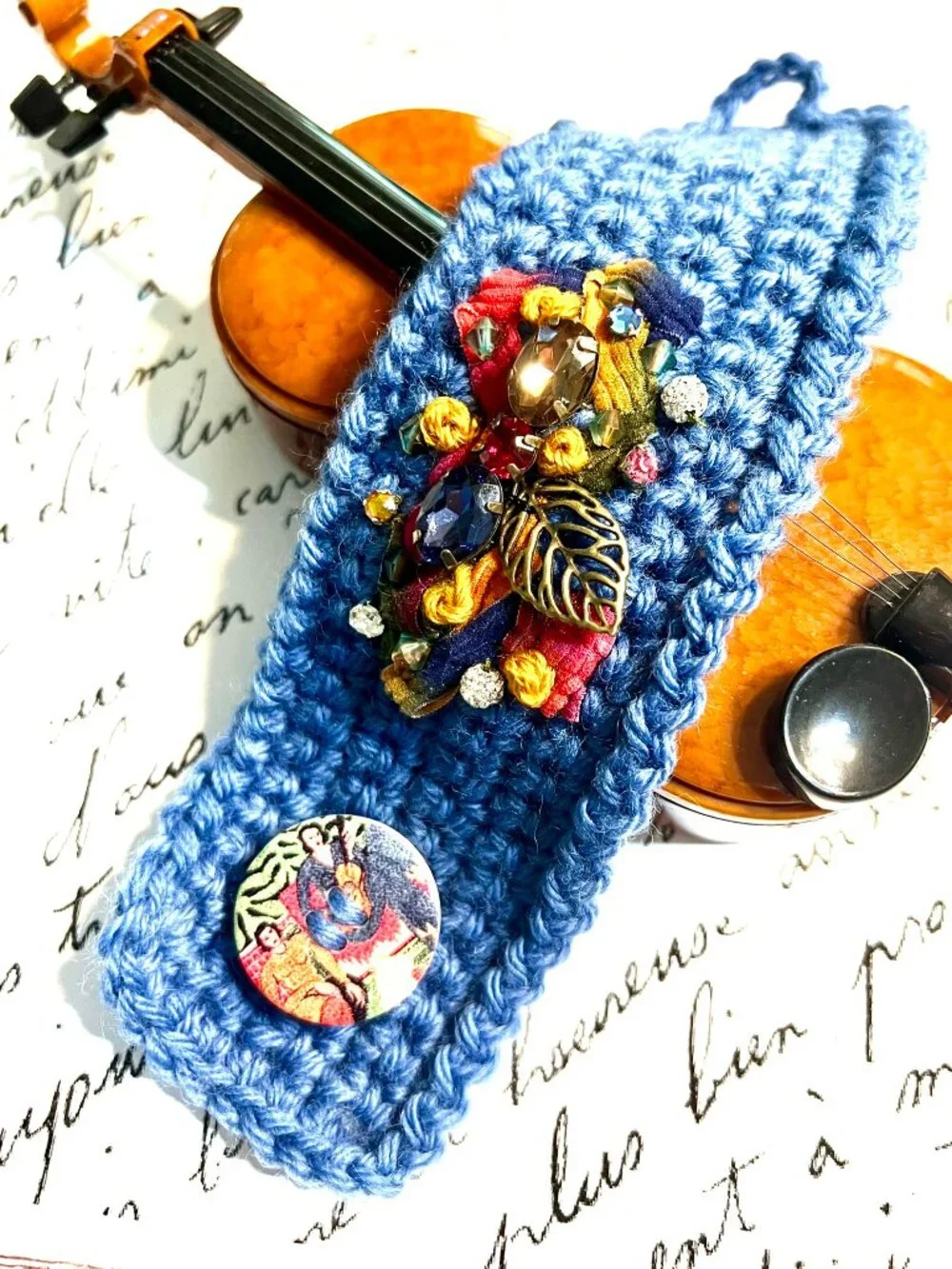 Artsy Boho CUFF/BRACELET~Handmade Denim Blue Wool with Vtg Jewel Center Piece